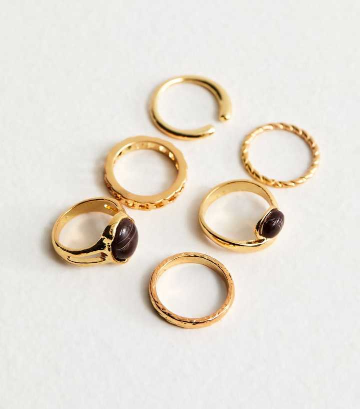 Pack of 6 Gold Tone Chunky Resin Rings
