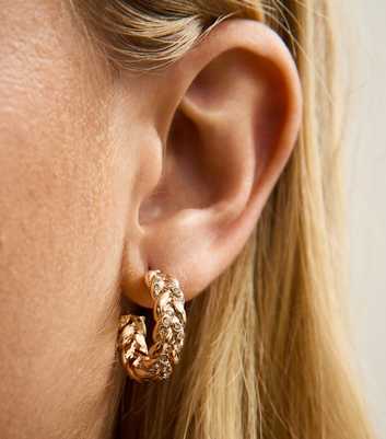 Gold Tone Diamante Embellished Plaited Mini Hoop Earrings