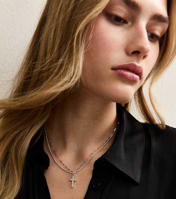Silver Tone 2-Layer Diamante Cross Pendant Necklace