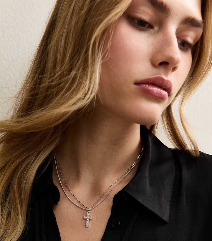 Silver Tone 2-Layer Diamante Cross Pendant Necklace