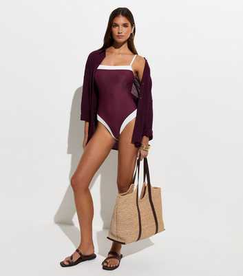 Dark Burgundy Contrast Trim Square Neck Swimsuit
