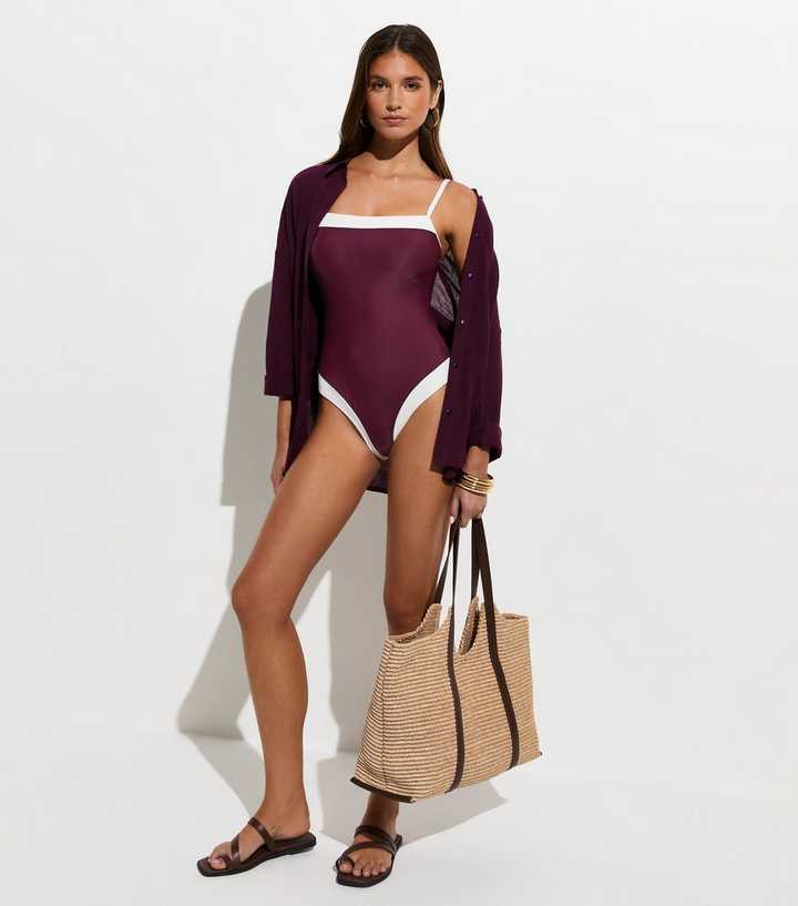 Dark Burgundy Contrast Trim Square Neck Swimsuit