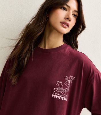 Burgundy Cafe Parisienne Print Oversized T-Shirt New Look