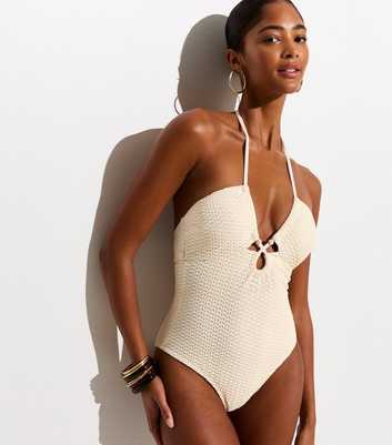 Off White Tummy Control Crochet Halter Neck Swimsuit