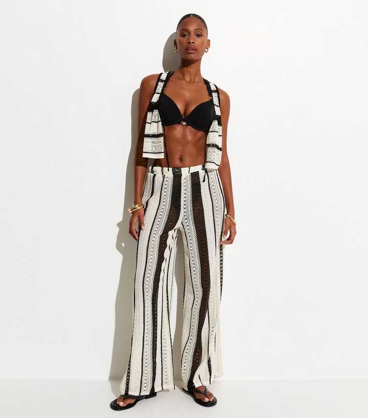 Cream Striped Crochet Beach Trousers