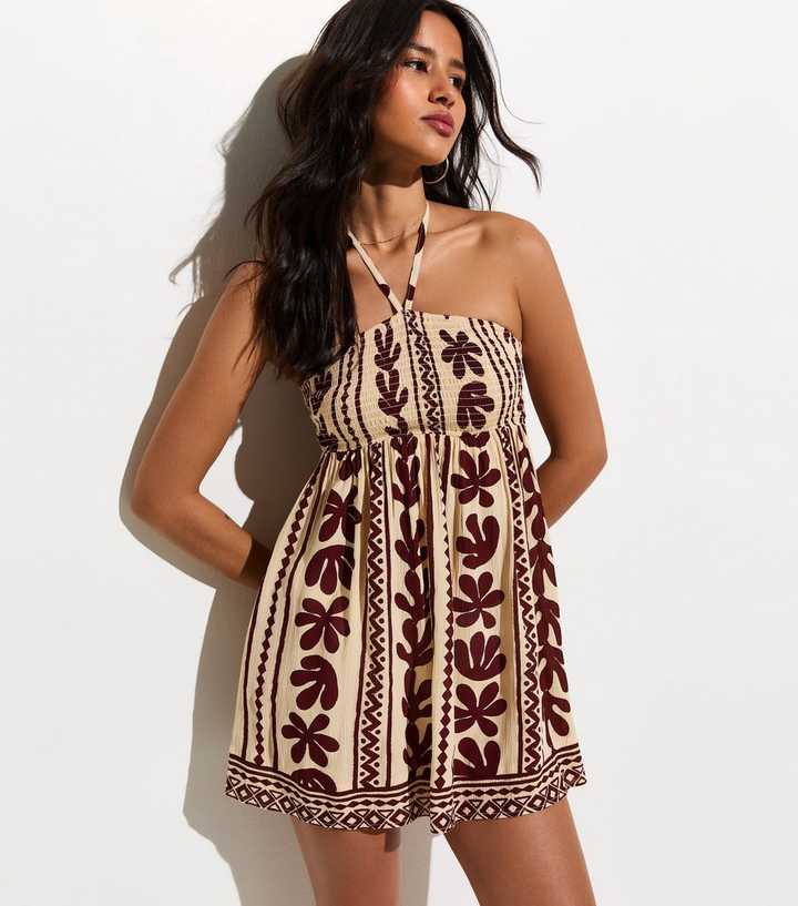 Brown Cactus Print Beach Mini Dress