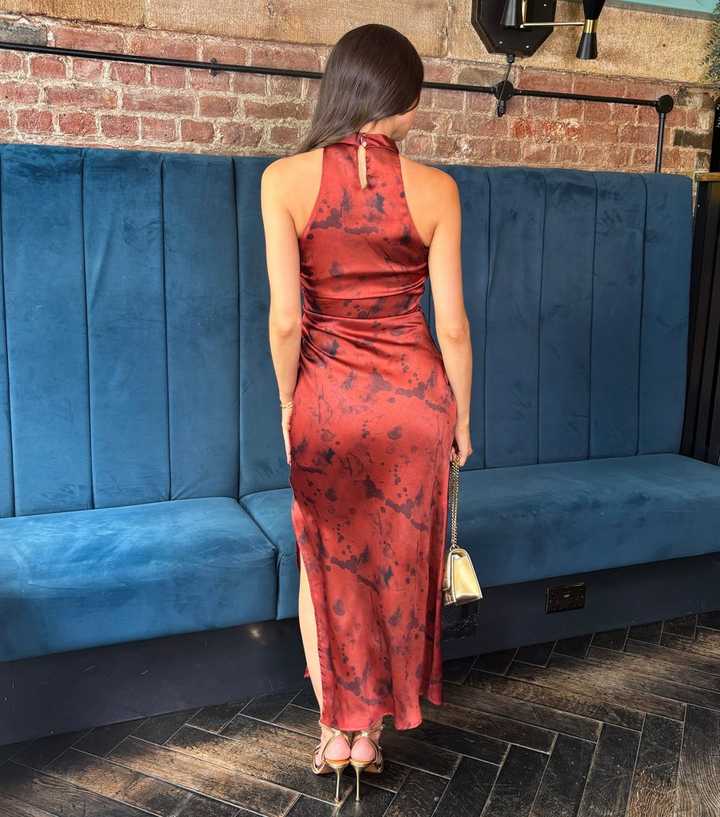 AX Paris Rust Abstract Print Halter Neck Midi Dress