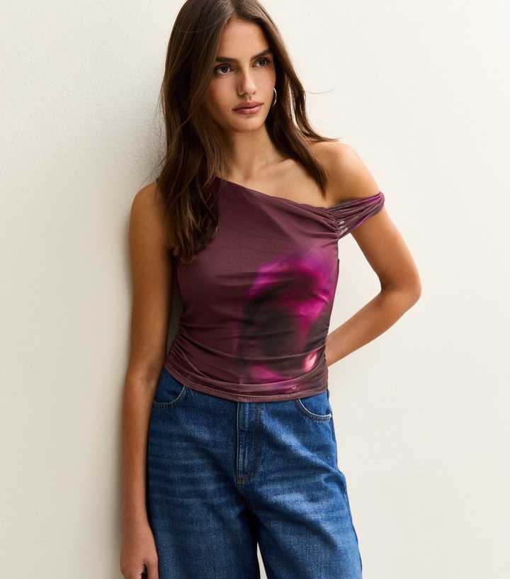 Purple Floral Print Fallen Shoulder Top