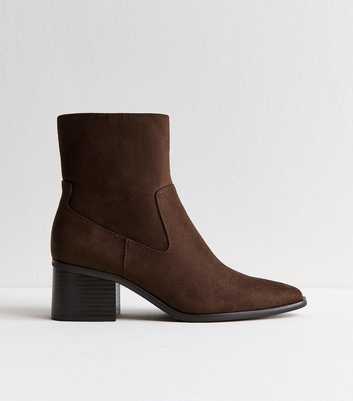 Brown Faux Suede Block Heel Ankle Boots