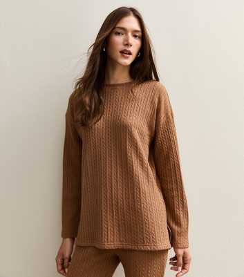 Tan Soft Touch Cable Knit Split Hem Top