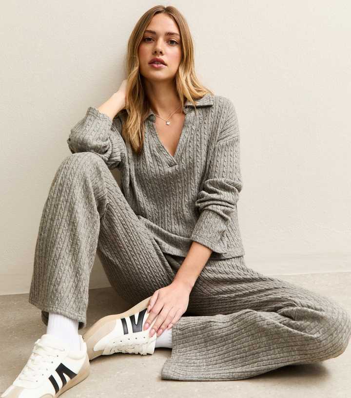 Mid Grey Soft Touch Cable Knit Flared Trousers
