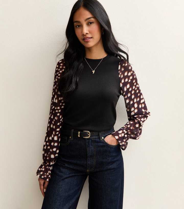 Black Chiffon Sleeve Jersey Top
