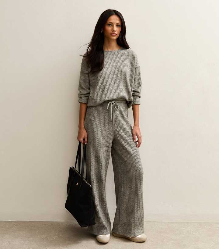 Grey Soft Touch Cable Knit Wide Leg Trousers