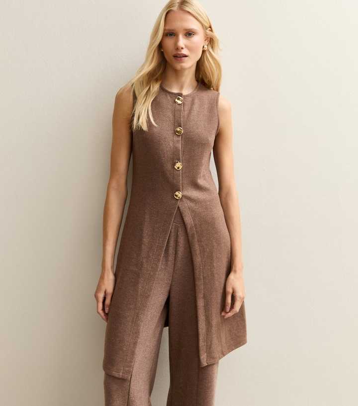 Brown Soft Touch Longline Button Up Waistcoat