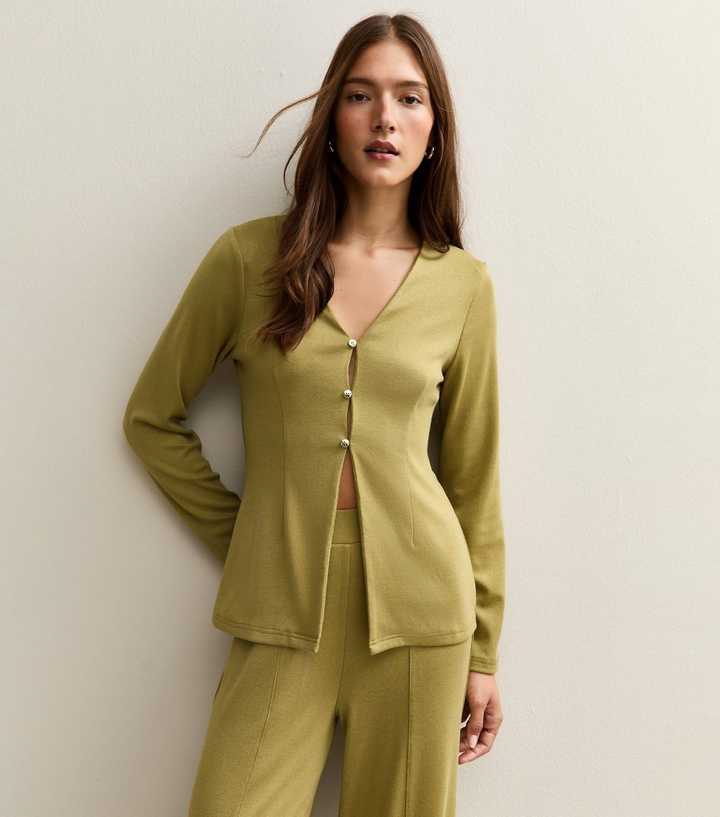 Dark Khaki Soft Touch Front Seam Wide Leg Trousers