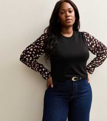 Curves Black Soft Touch Printed Long Sleeve Top