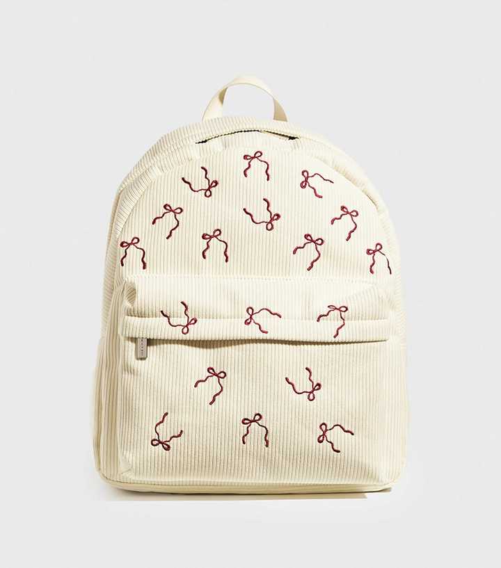 Skinnydip Cream Bow Embroidered Corduroy Backpack