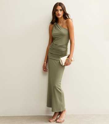 Light Khaki One Shoulder Ruched Midi Dress