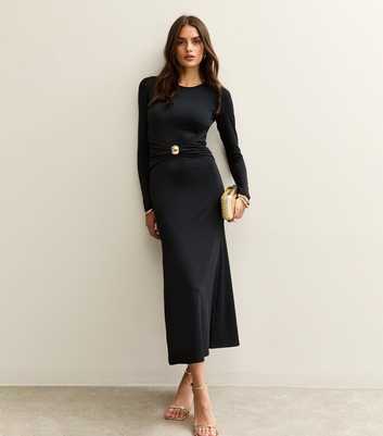 Black Long Sleeve Ruched Gather Waist Midi Dress