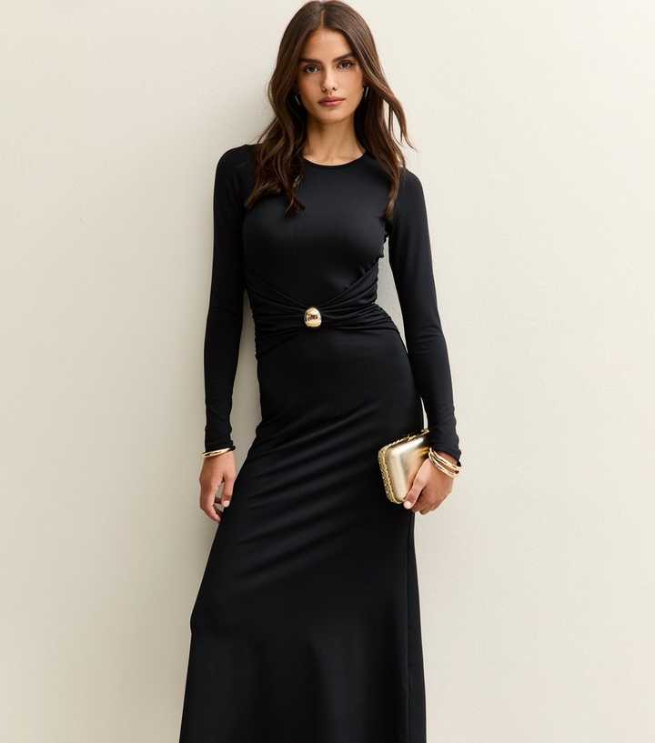 Black Long Sleeve Ruched Gather Waist Midi Dress | New Look