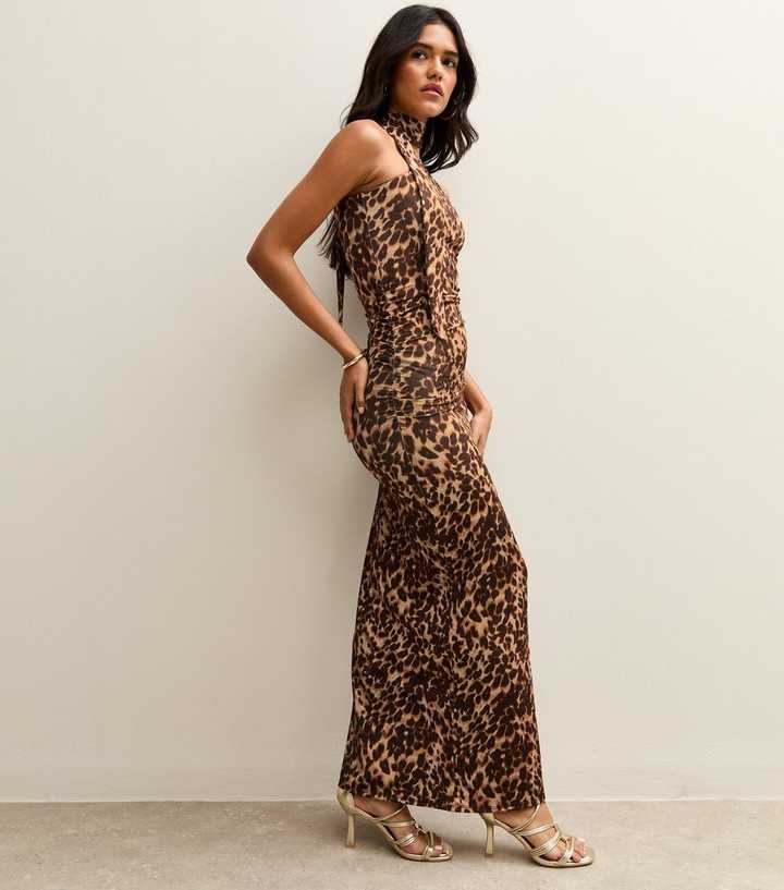 Brown Animal Print Bow Neck Maxi Dress