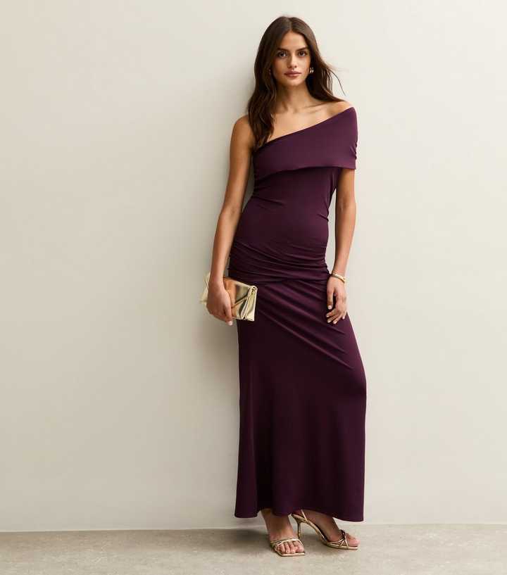 Dark Burgundy One Shoulder Ruched Maxi Dress | New Look