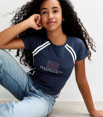 Girls Navy Gem Embellished Manhattan Flag T-Shirt