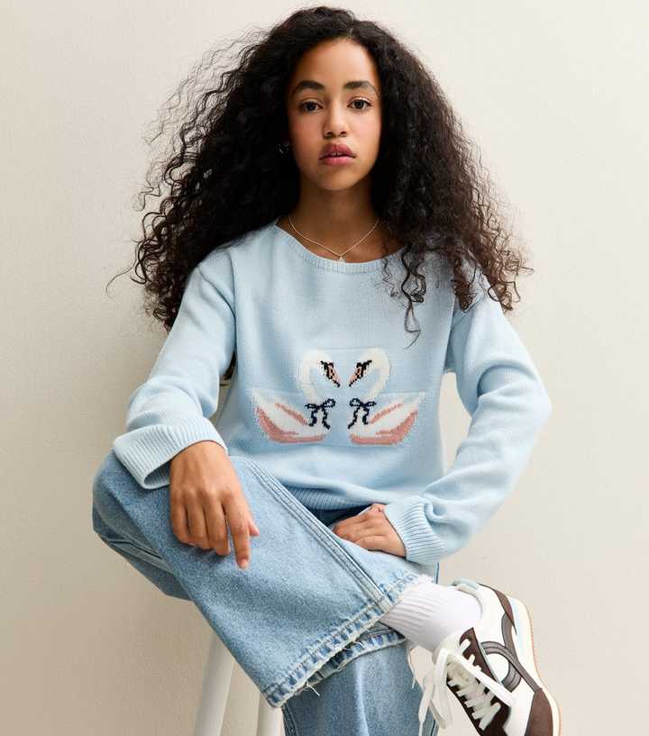 Girls Light Blue Swan Slash Neck Jumper