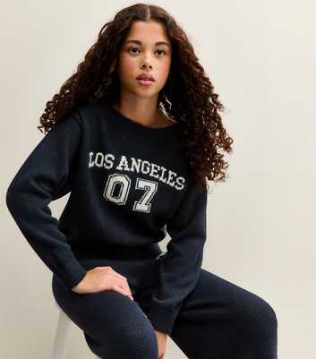 Girls Navy Knitted Los Angeles 07 Slash Neck Jumper