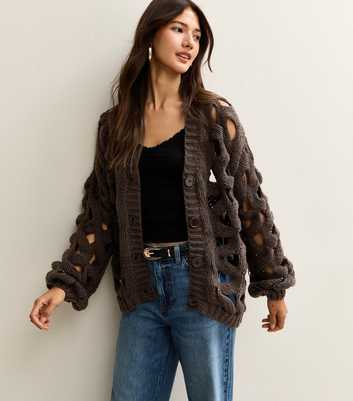 Gini London Dark Brown Hollow Chunky Knit Cardigan
