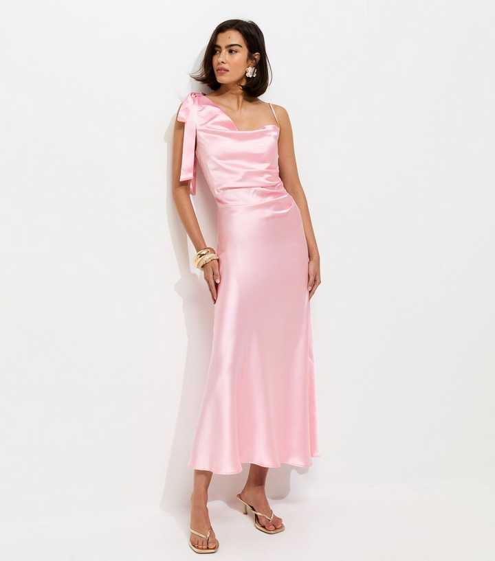 Light Pink Satin Draped Shoulder Bow Midi Dress