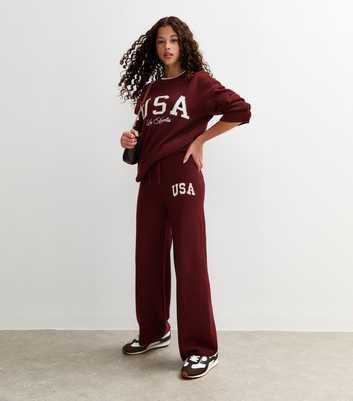 Girls Burgundy USA Slogan Wide Leg Knitted Trousers