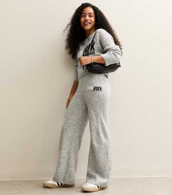Girls Grey New York Slogan Wide Leg Knitted Trousers