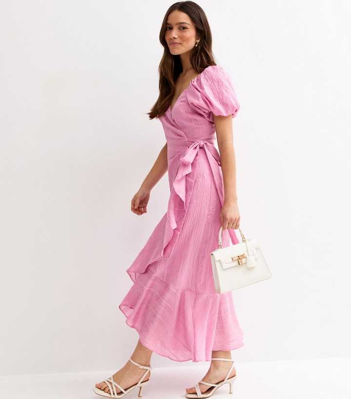 Petite Light Pink Textured Ruffled Wrap Midi Dress