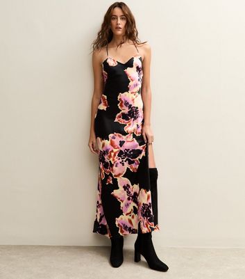 Black Floral Print Low Back Midi Dress