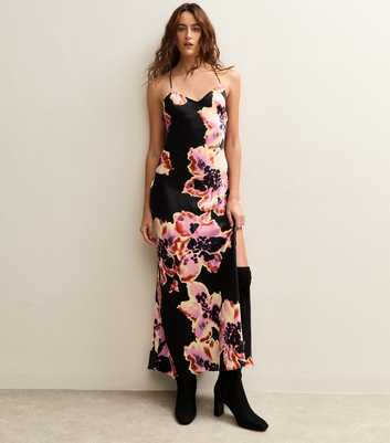 Black Floral Print Low Back Midi Dress