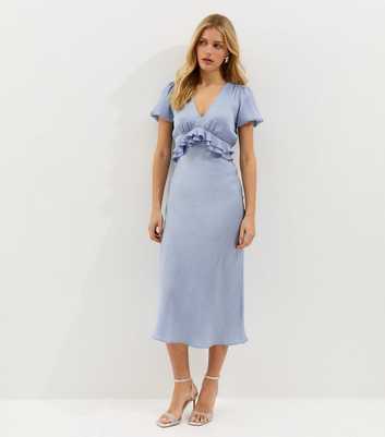 Blue Satin Ruffle Trimmed V-Neck Midi Dress