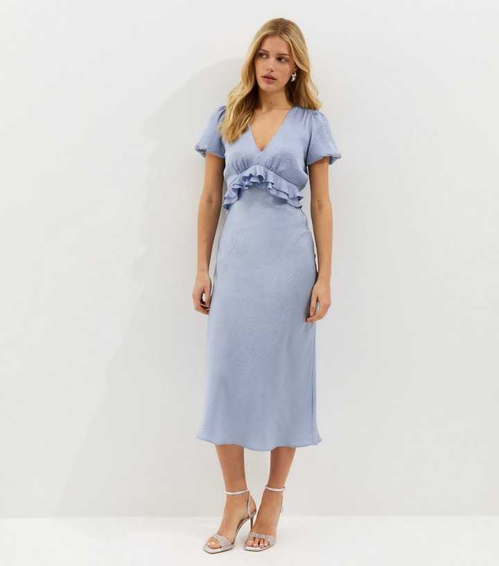 Blue Satin Ruffle Trimmed V-Neck Midi Dress