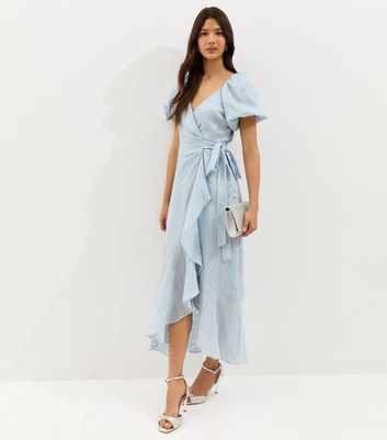Light Blue Textured Ruffle Trimmed Wrap Midi Dress