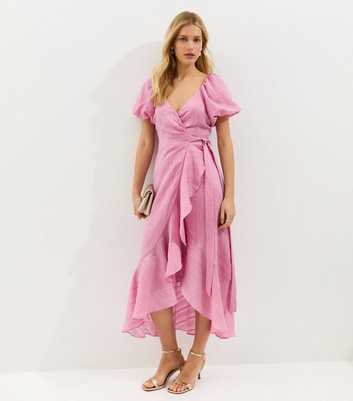 Pink Textured Ruffle Trimmed Wrap Midi Dress