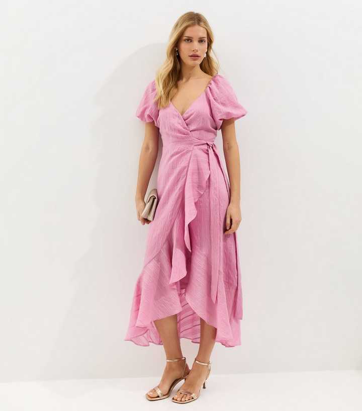 Pink Textured Ruffle Trimmed Wrap Midi Dress
