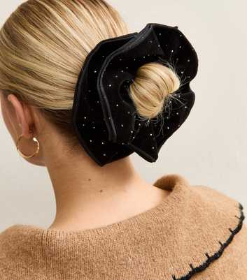 Black Large Diamante Studded Velvet Scrunchie