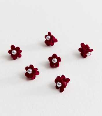 Pack of 6 Burgundy Mini Faux Pearl Embellished Floral Hair Clips