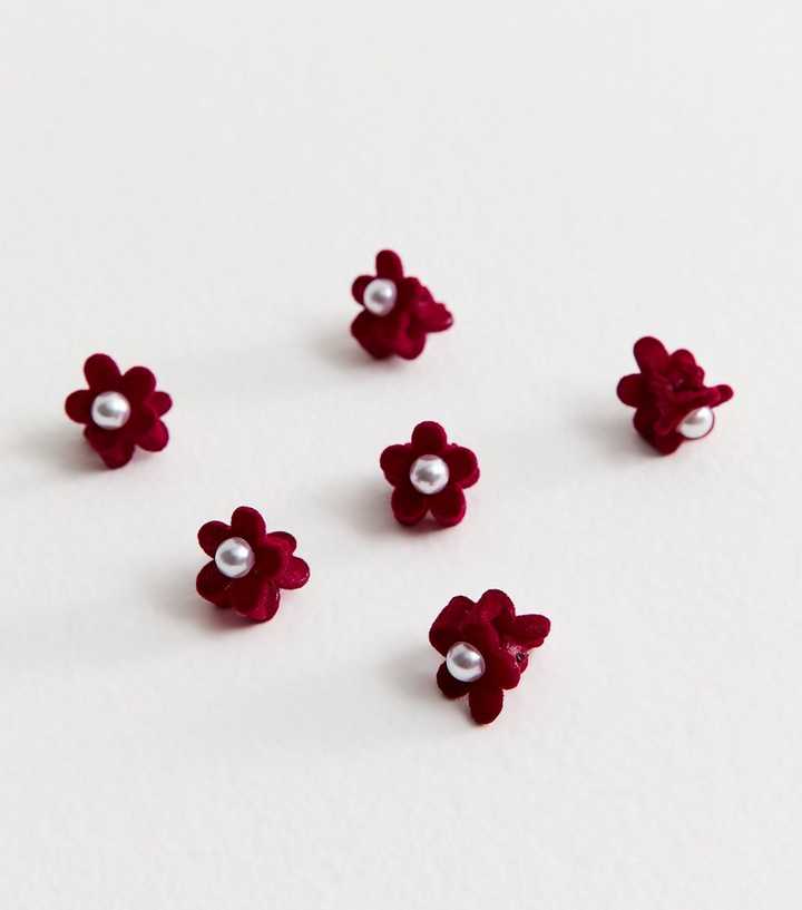 Pack of 6 Burgundy Mini Faux Pearl Embellished Floral Hair Clips