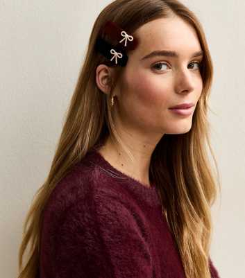 Pack Of 2 Black and Red Velvet Embellished Bow Hair Slides