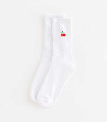 White Embroidered Cherry Ankle Socks