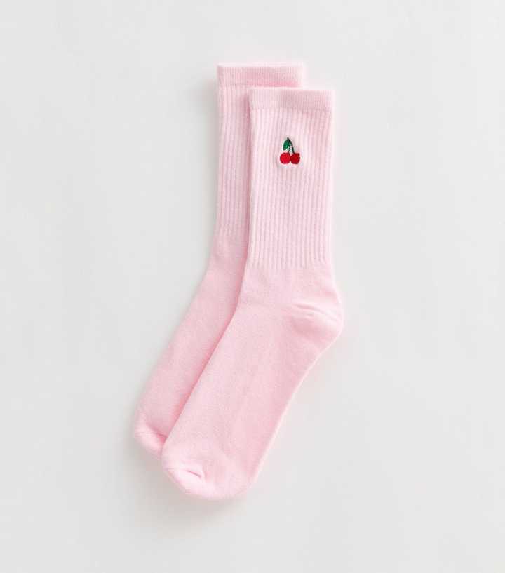 Pink Cotton Rich Cherry Embroidered Ribbed Tube Socks