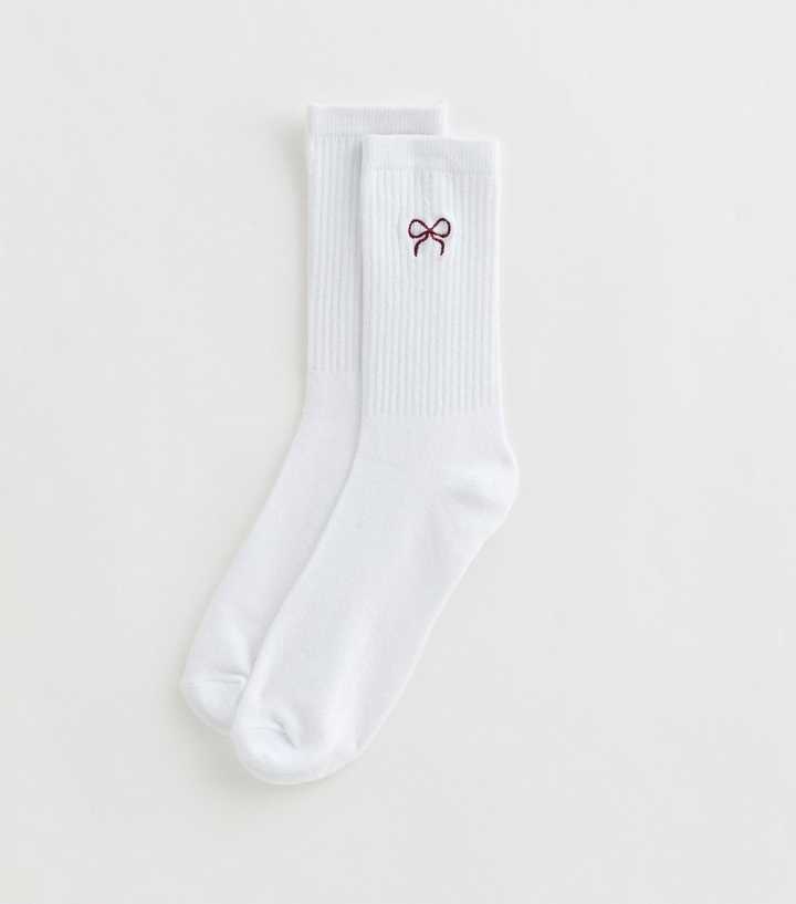 White Bow Embroidered Tube Sock