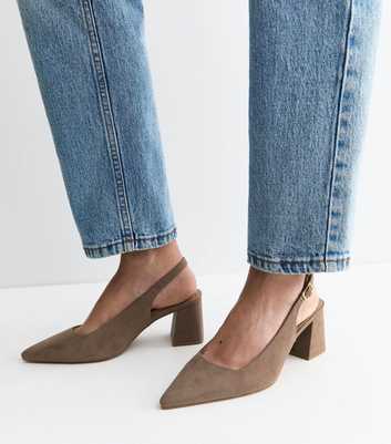 Wide Fit Mink Faux Suede Block Heel Slingback Pumps