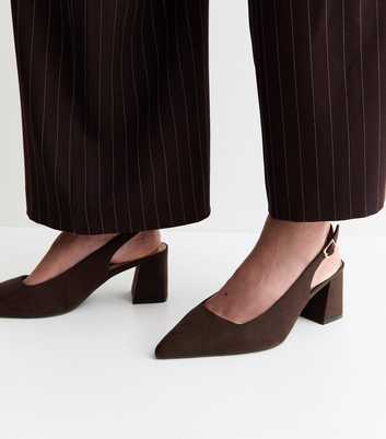 Wide Fit Dark Brown Faux Suede Block Heel Slingback Pumps